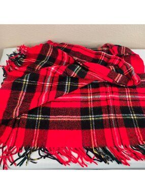 Vintage Wool Red Black Tartan Plaid Fringe Throw Blanket